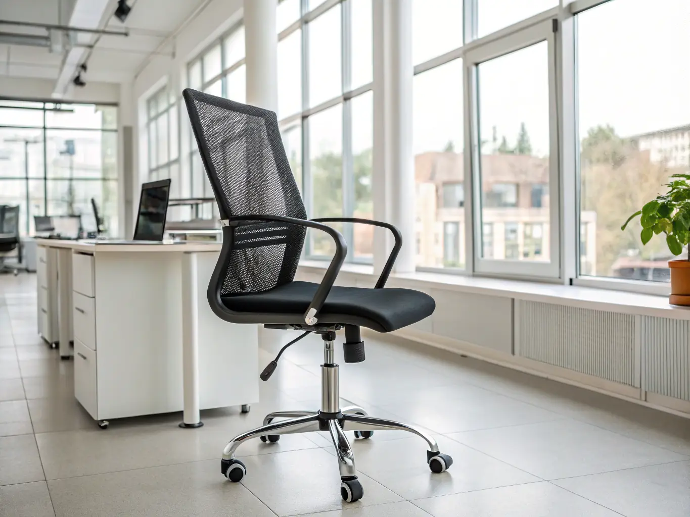 An image of a modern ergonomic office chair in a bright, contemporary workspace, showcasing its adjustable features and stylish design.