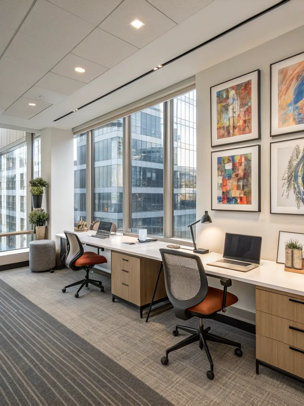 A brightly lit modern office space featuring employees working comfortably at ergonomic desks and chairs, fostering a productive and collaborative atmosphere.