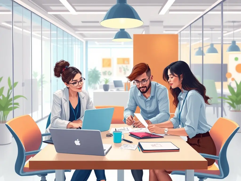 A vibrant photograph of a collaborative workstation featuring a modular design with multiple seating options, integrated power outlets, and a whiteboard for brainstorming, set in a dynamic and collaborative office environment.