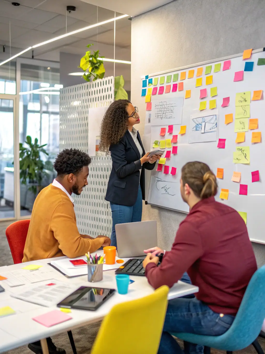 A diverse team of employees collaborating effectively in a modern office space equipped with Enviro Workspace Solutions' collaborative workstations.