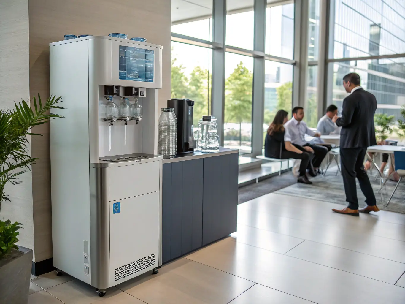A contemporary water cooler with a digital display showing water purity levels, placed in a break room setting with employees casually filling their glasses.