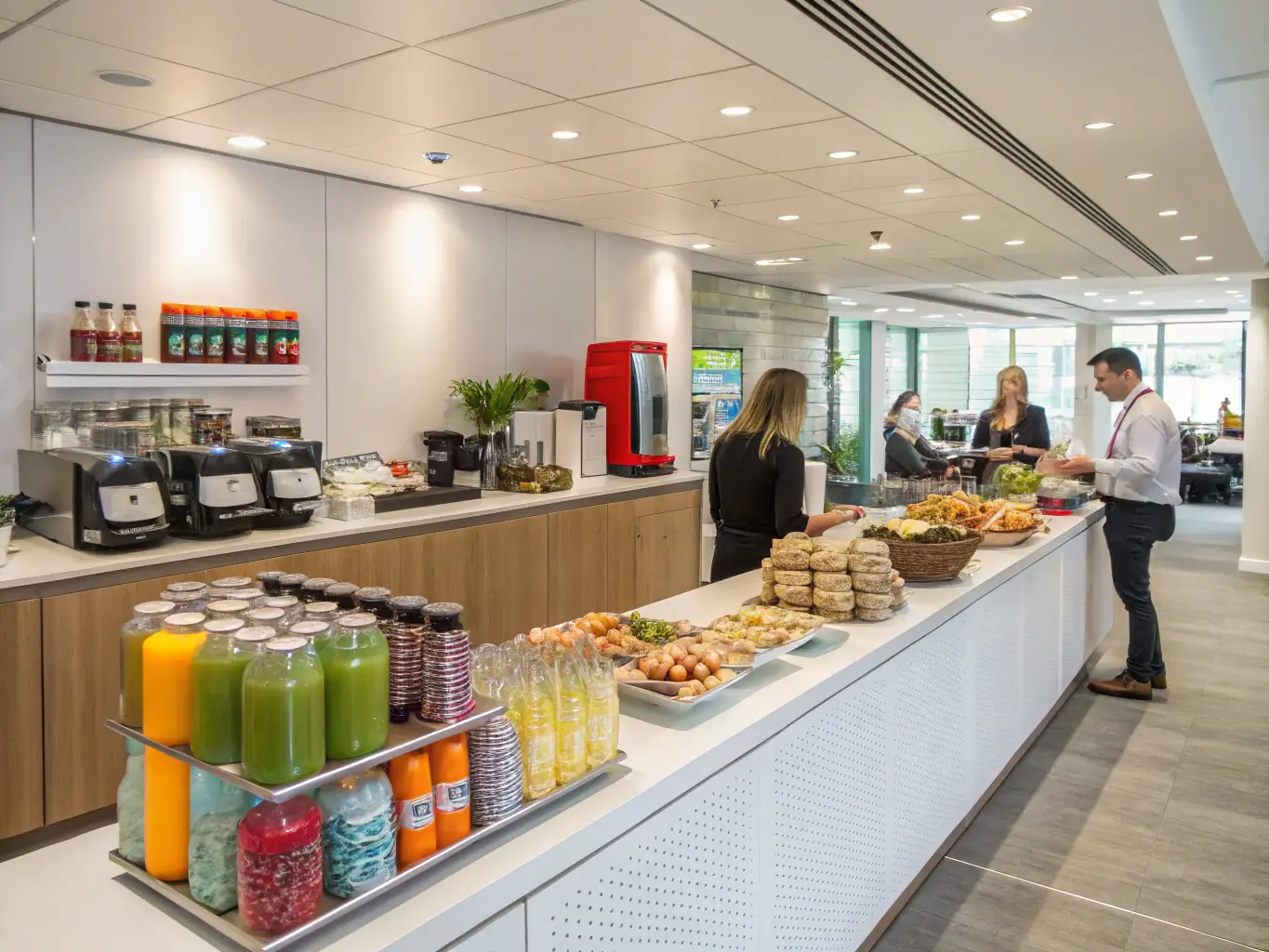 A collaborative workspace featuring employees enjoying coffee and water from Enviro Workspace Solutions' machines during a break, fostering a sense of community and relaxation.