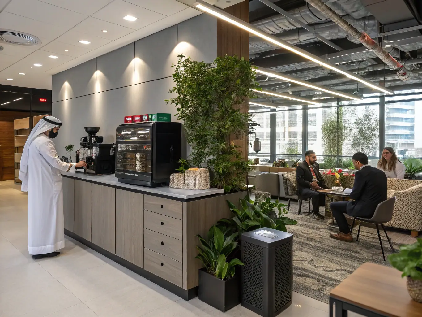 A sleek, modern commercial coffee machine dispensing a freshly brewed cup of coffee into a branded Enviro Workspace Solutions mug, set against a backdrop of a vibrant, productive office environment.