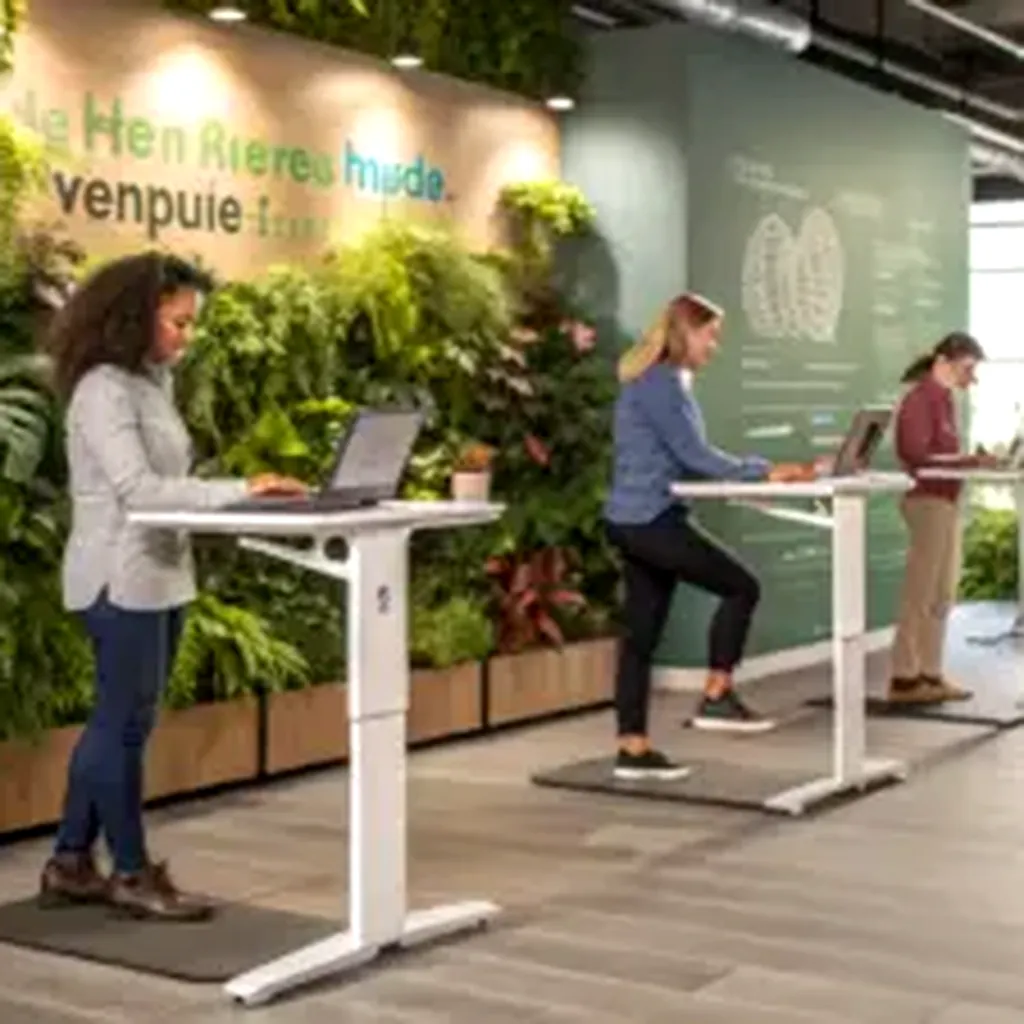 Employees using height adjustable standing desks in a modern office environment